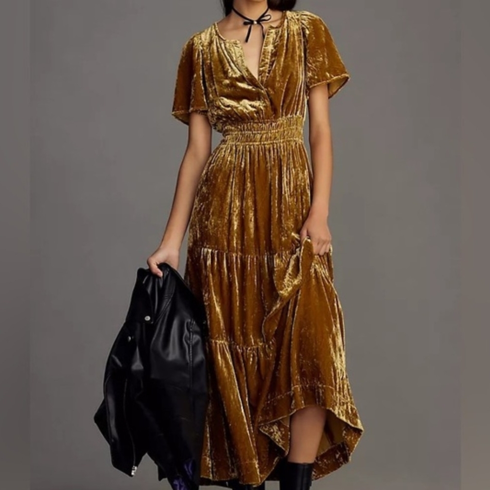 Anthropologie Gold Velvet High Low Dress